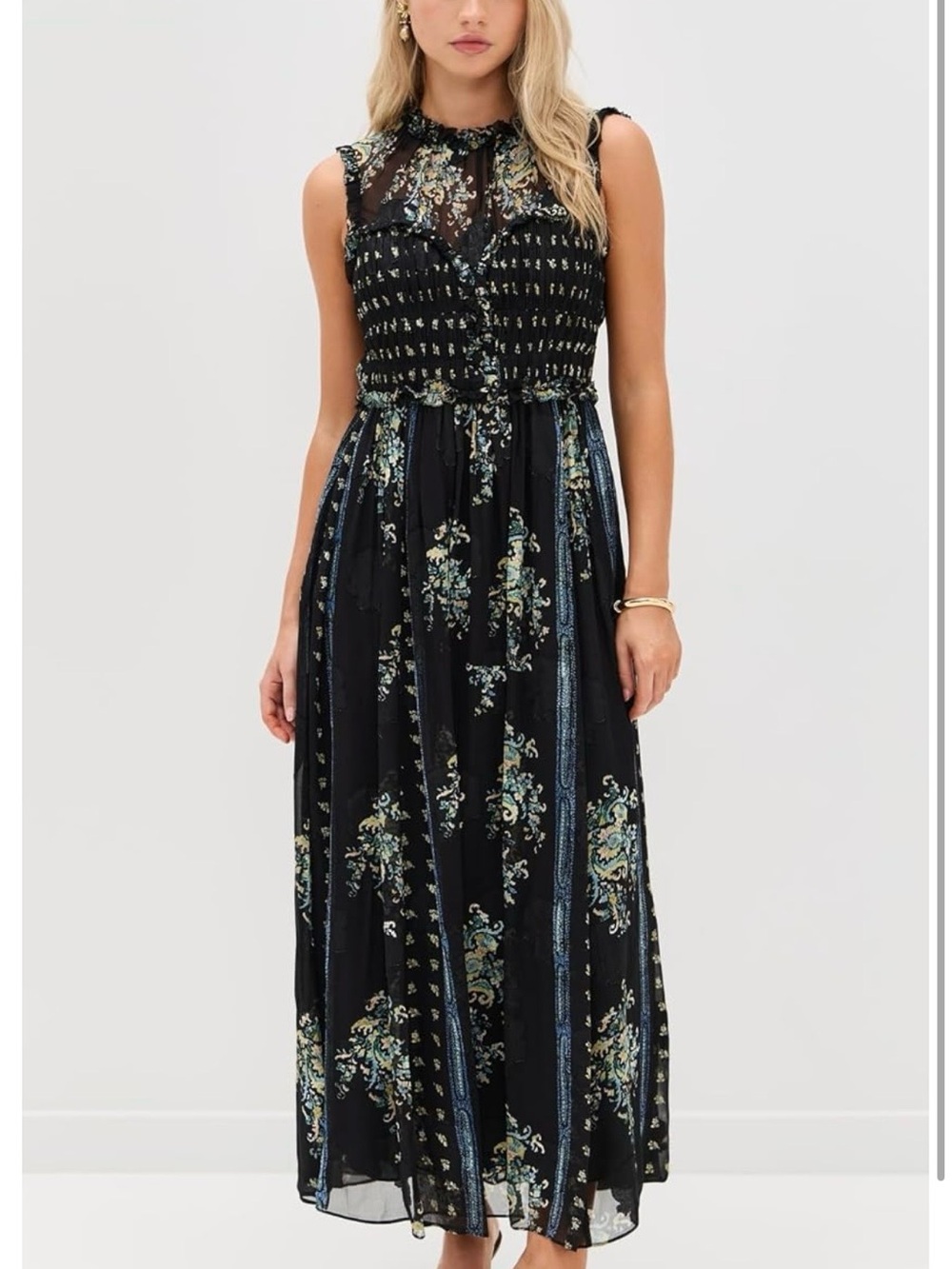 Ulla Johnson Kasia Black Floral Sleeveless Smocked Dress NWT - Picture 2 of 8